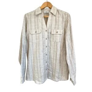 Studio works tan linen button up shirt collar pockets stripes Size Medium